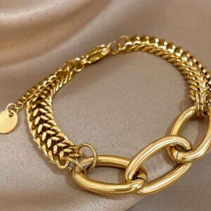 18K Gold Plated Mixed Link Bracelet – Chunky Vintage Style Chain Bracelet